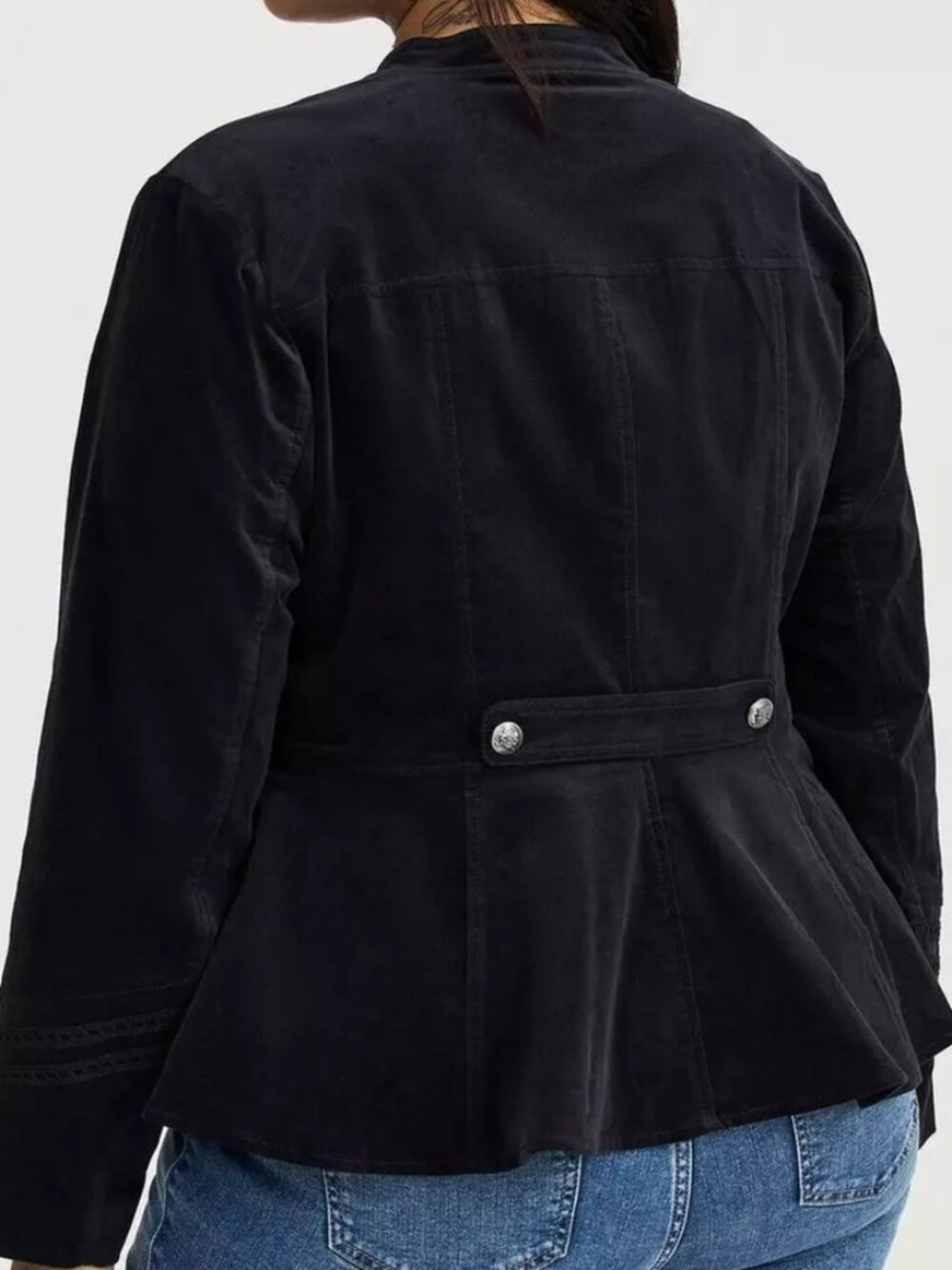 Torrid 1 1X 14-16 Deep Black Woven Velvet Military Jacket Double-Breasted Peplum - Picture 6 of 9